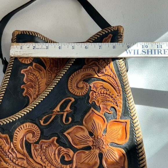 Vintage Handbag Handmade Black & Brown Leather Hand Tooled Floral - Picture 12 of 16